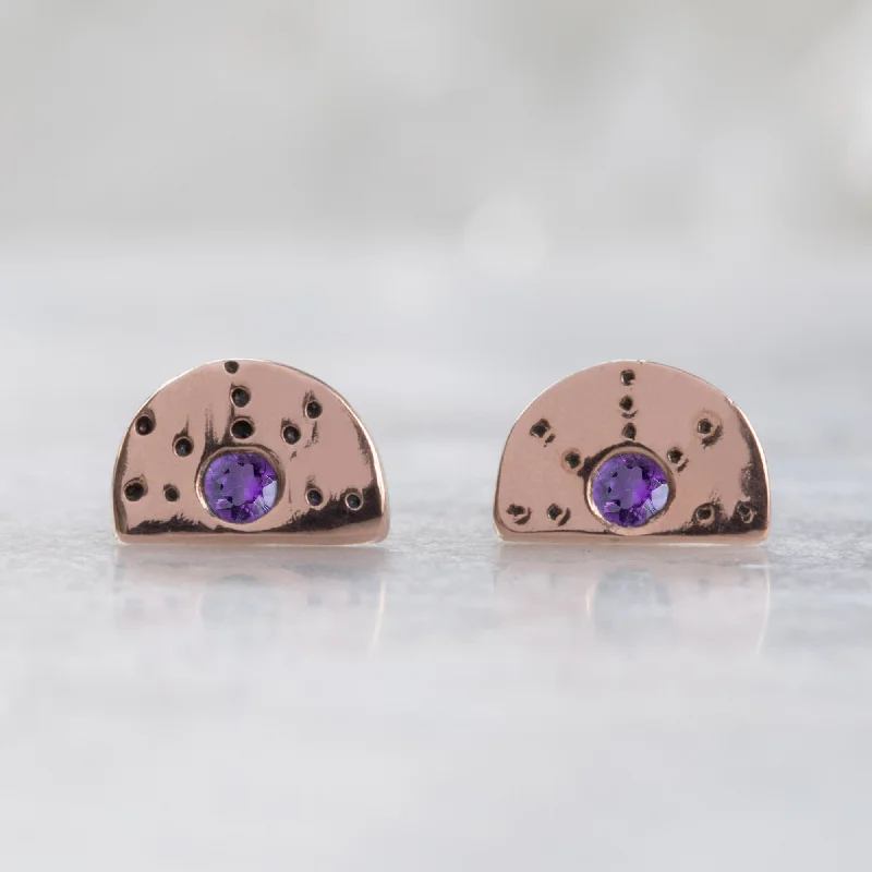 Light texture earrings-The Half Moon Amethyst Stardust Stud Earrings | 14K Rose Gold