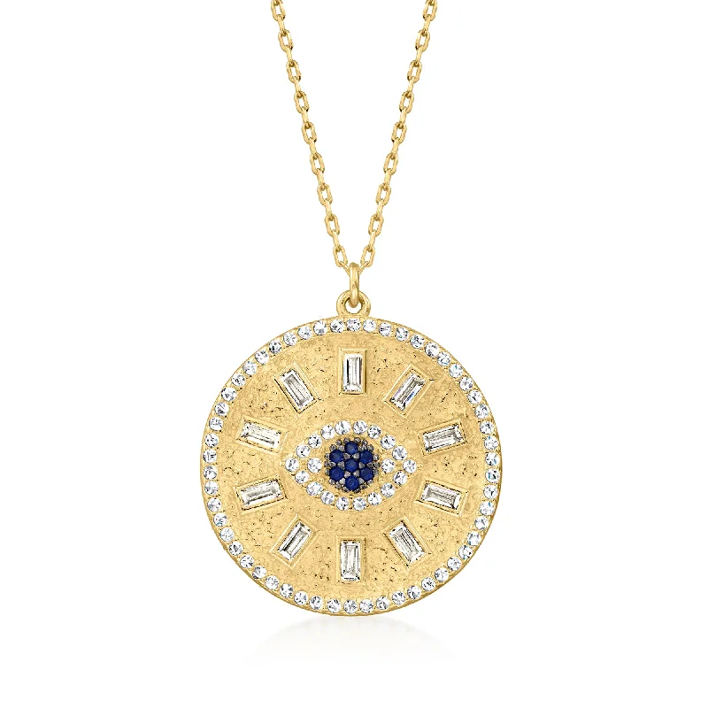 Ruby drop necklaces-Ross-Simons CZ Evil Eye Medallion Pendant Necklace With Blue CZ Accents in 18kt Gold Over Sterling