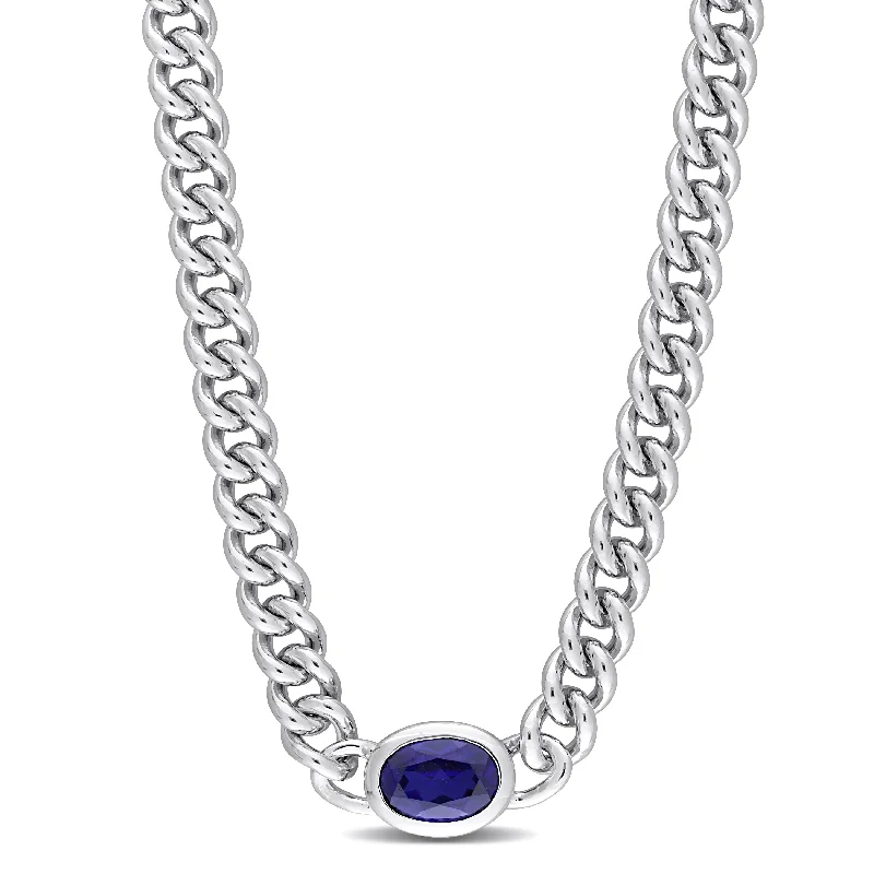 Aged coin necklaces-Mimi & Max 1 1/4 CT TGW Oval Created Blue Sapphire Curb Link Chain Necklace in Sterling Silver