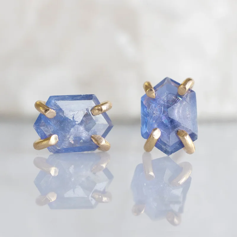 Solid hoop earrings-The Hexagon Blue Sapphire Stud Earrings | 14K Yellow Gold