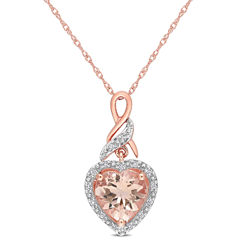 Forged initial necklaces-Mimi & Max Halo Diamond and Heart Shaped Morganite Pendant with Chain in 10k Rose Gold