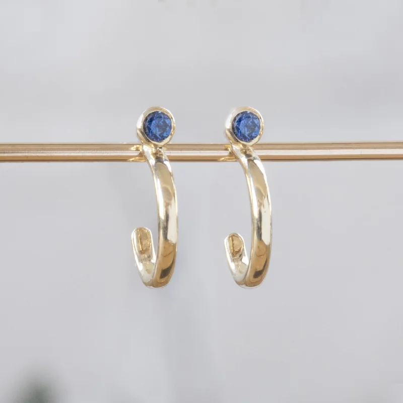 Slim wing earrings-Custom Blue Sapphire Birthstone Hoop Earrings | 14K Yellow Gold