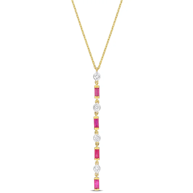 Curved gem necklaces-Mimi & Max 1/5ct TDW Diamond & 1/6 TGW Baguette Cut Ruby Lariat Necklace in 10k Yellow Gold- 16.5 in