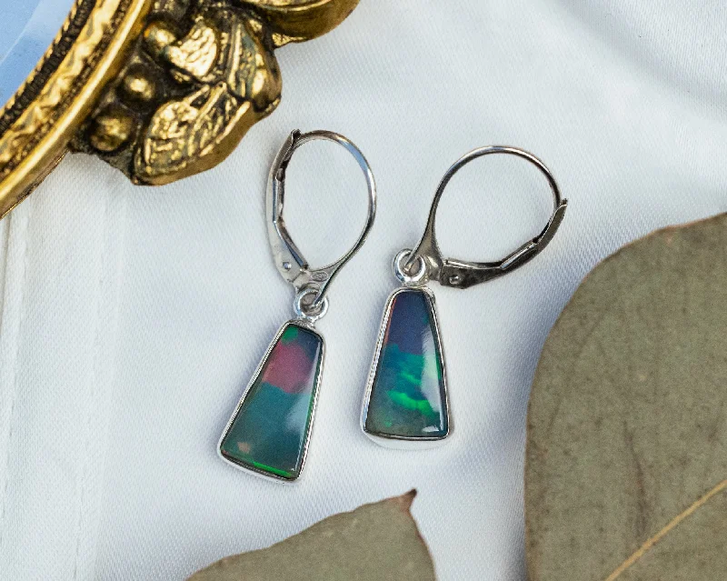 Square stud earrings-STERLING SILVER ELONGATED BEZEL SET ETHIOPIAN OPAL EARRINGS