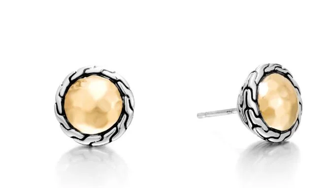 Blended metal earrings-Essentials Hammered Gold & Silver Round Stud Earrings by John Hardy