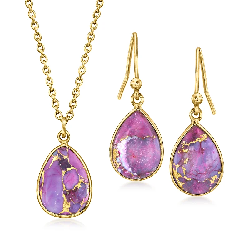 Clear gem necklaces-Ross-Simons Purple Turquoise Jewelry Set: Pendant Necklace and Drop Earrings in 18kt Gold Over Sterling