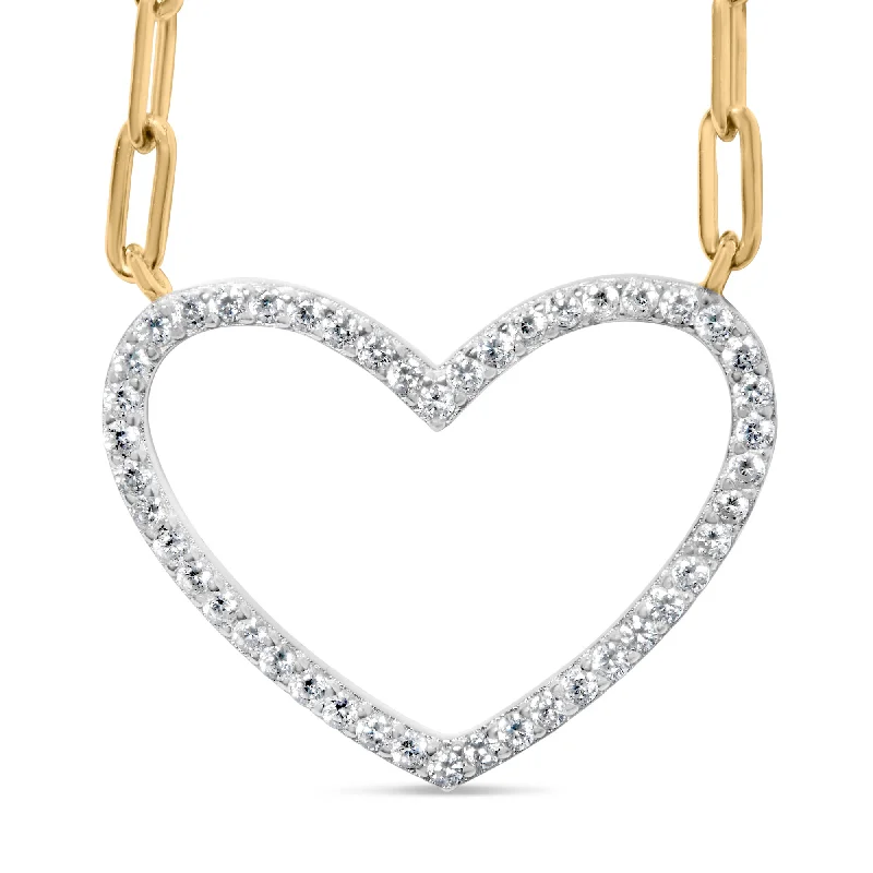 Pinch clasp necklaces-14K Yellow Gold Plated .925 Sterling Silver 1/4 Cttw Diamond Open Heart with Paperclip Chain Pendant Necklace