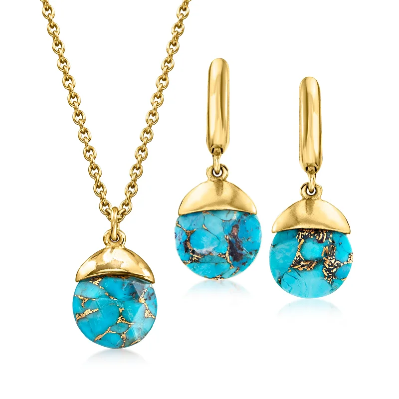 Fine-line necklaces-Ross-Simons Turquoise Jewelry Set: Pendant Necklace and Drop Earrings in 18kt Gold Over Sterling