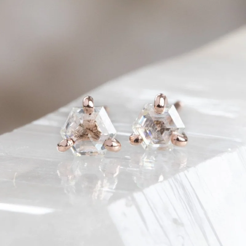 Stellar glow earrings-The Teensy White Diamond Hexagon Stud Earrings | 14K Rose Gold