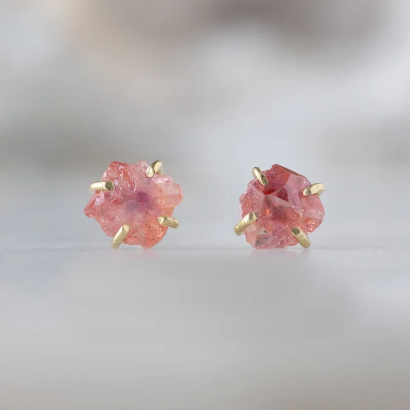 Graceful design earrings-The Raw Padparadscha Sapphire Gemstone Stud Earrings | 14K Yellow Gold