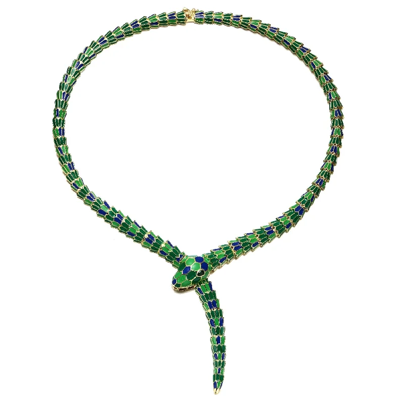 Deep bib necklaces-RG 14k Yellow Gold Plated with Emerald Cubic Zirconia Blue & Green Enamel Coiled Serpent Snake Stiff Collar Necklace