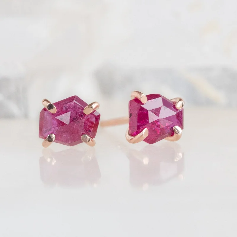 Subtle drop earrings-The Hexagon Ruby Stud Earrings | 14K Rose Gold