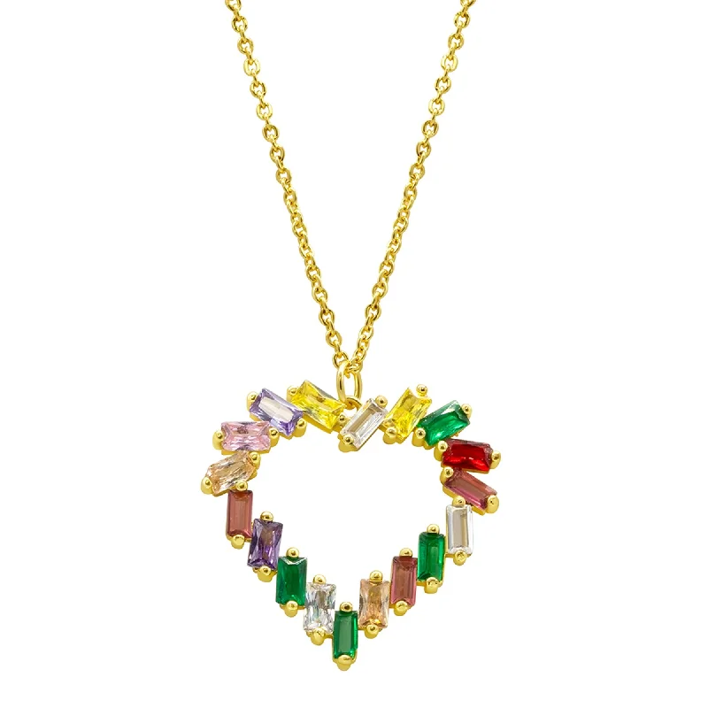 Blended metal necklaces-Tarnish Resistant 14K Gold Plated Crystal Rainbow Baguette Heart Pendant Necklace