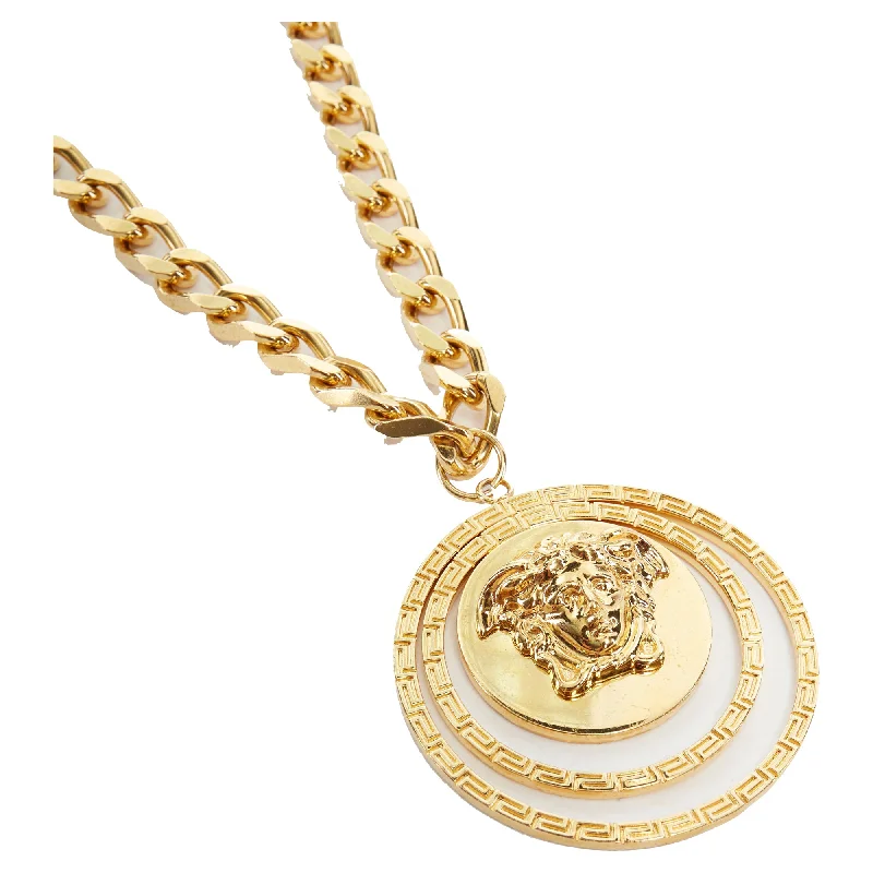 Ripple wave necklaces-Versace nickel Medusa halo coin chunky long necklace