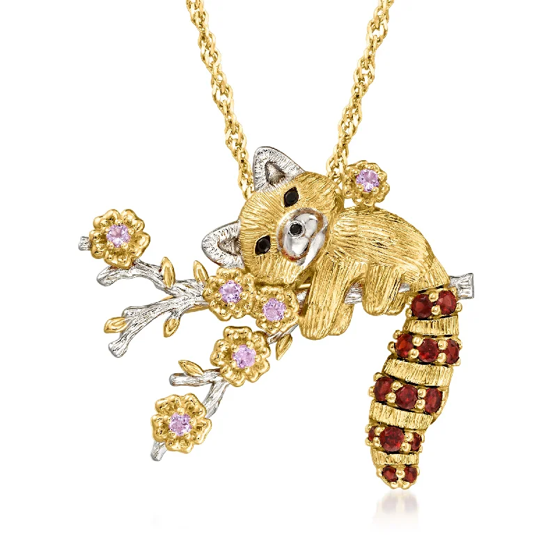 Solid bib necklaces-Ross-Simons Multi-Gemstone Red Panda Pin/Pendant Necklace in 18kt Gold Over Sterling