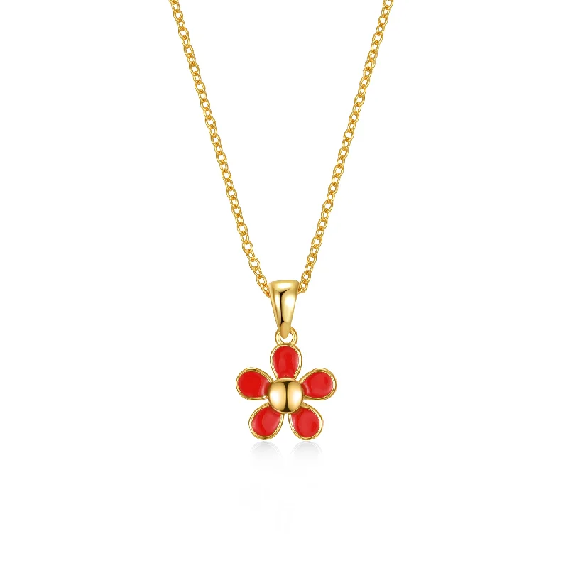 Mesh choker necklaces-Ga 14k Yellow Gold Plated Red Enamel Blooming Flower Layering Necklace