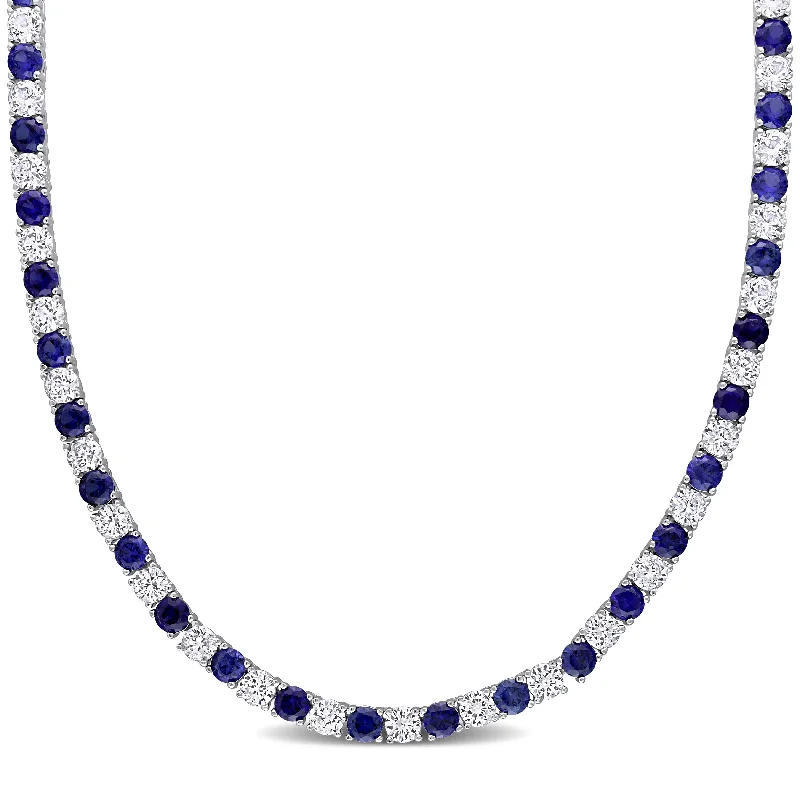 Forged initial necklaces-33 CT TGW Created Blue and Created White Sapphire Tennis Necklace in Sterling Silver