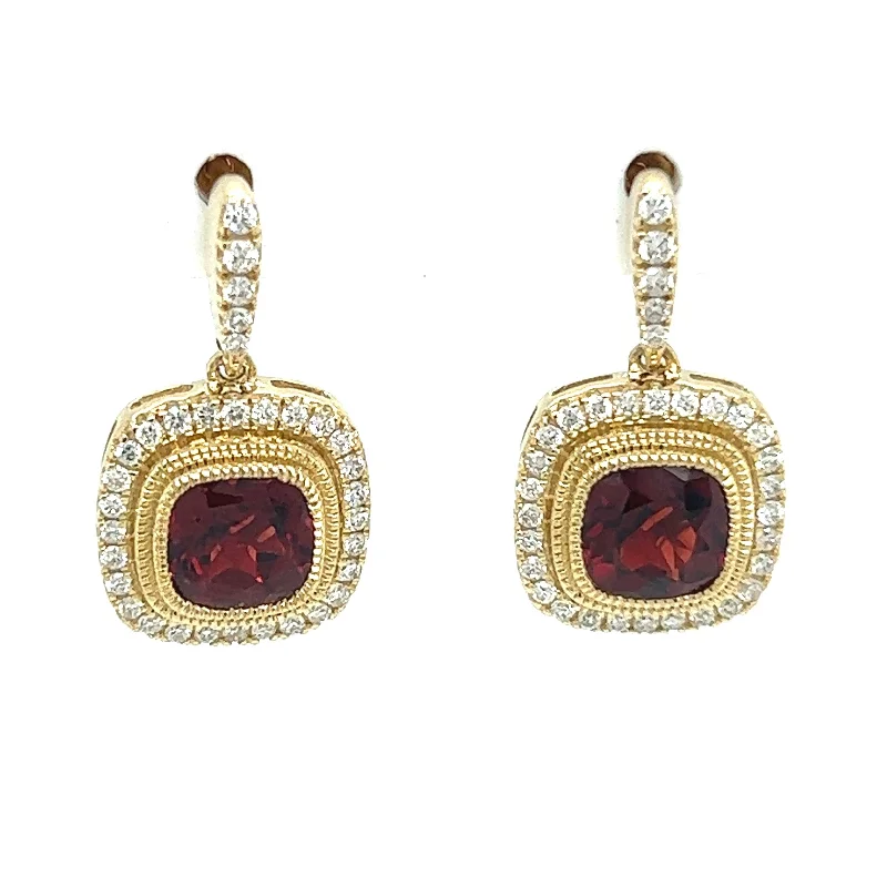 Fine threader earrings-14K Yellow Gold 2.40cttw Garnet & 0.38cttw H/I SI Diamond Dangle Earrings