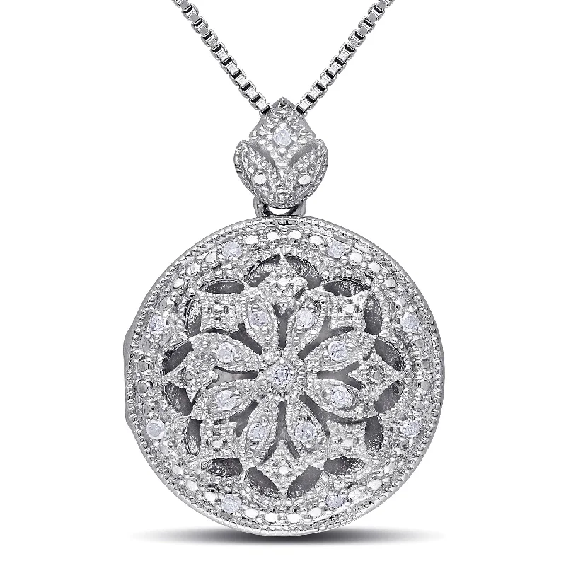 Whimsical bead necklaces-Mimi & Max 1/10ct TDW Diamond Floral Vintage Locket Pendant with Chain in Sterling Silver