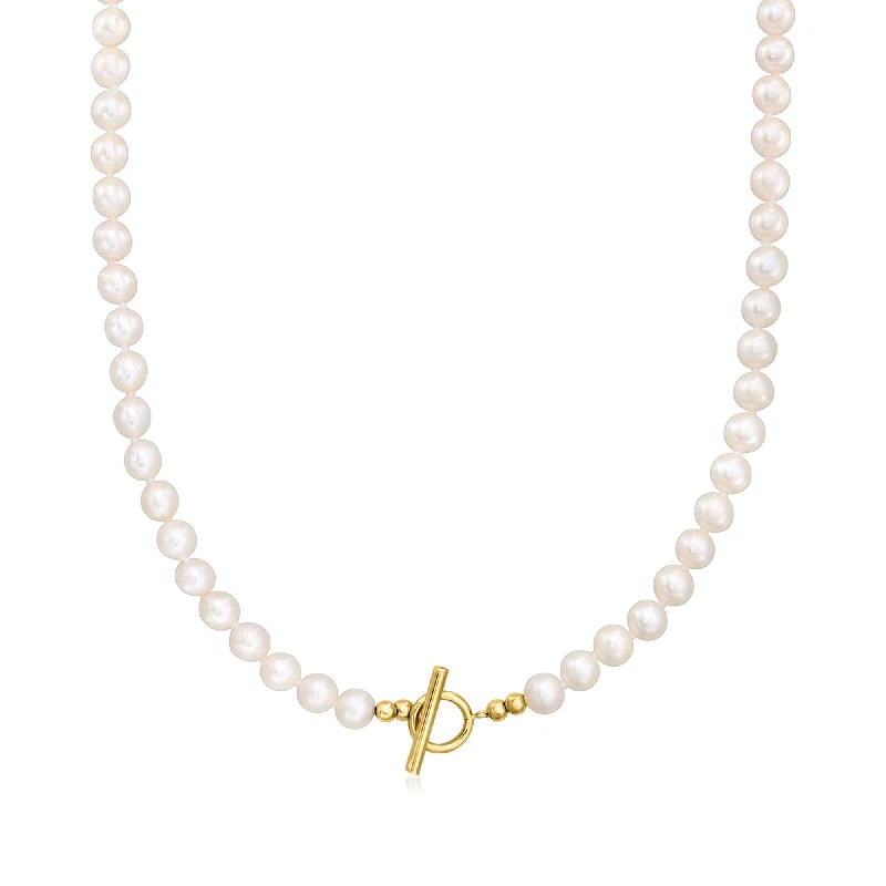 Bead-woven necklaces-Ross-Simons 5.5-6mm Cultured Pearl Toggle Necklace in 14kt Yellow Gold