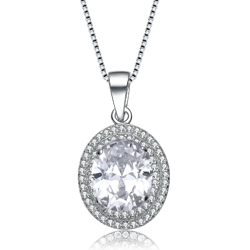 Deep bib necklaces-Sterling Silver Oval Cubic Zirconia Solitaire With Double Halo Necklace