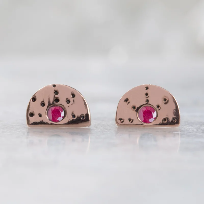 Ripple motif earrings-The Half Moon Ruby Stardust Stud Earrings | 14K Rose Gold