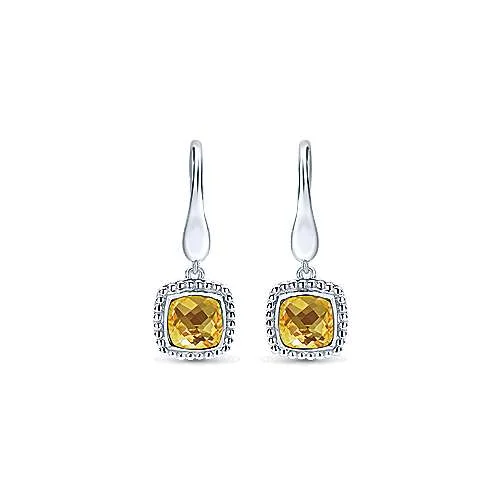 Bright pearl earrings-Sterling Silver Earrings with Cushion Cut Citrine Drop by Gabriel