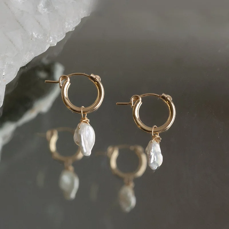 Pure crystal earrings-The Keshi Pearl Hoop Earrings | Yellow Gold Filled