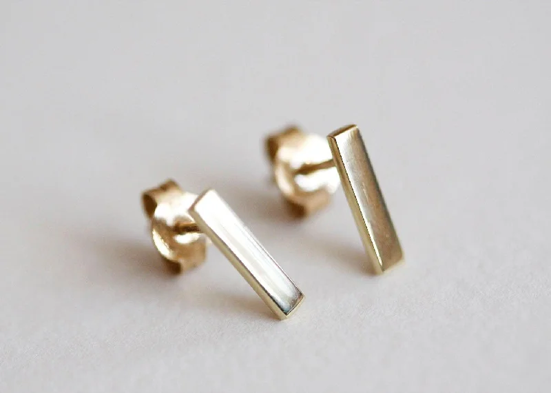 Stone weave earrings-Gold Bar Earrings, 14K Yellow Gold Studs