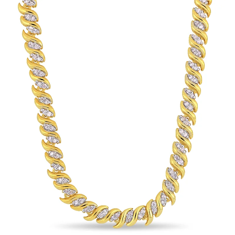 Firm clasp necklaces-1 CT TW Diamond S-Link Tennis Necklace in Yellow Plated Sterling Silver