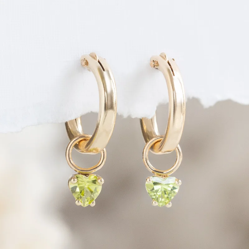 Fine drop earrings-The Peridot Heart Hoops | Gold Filled