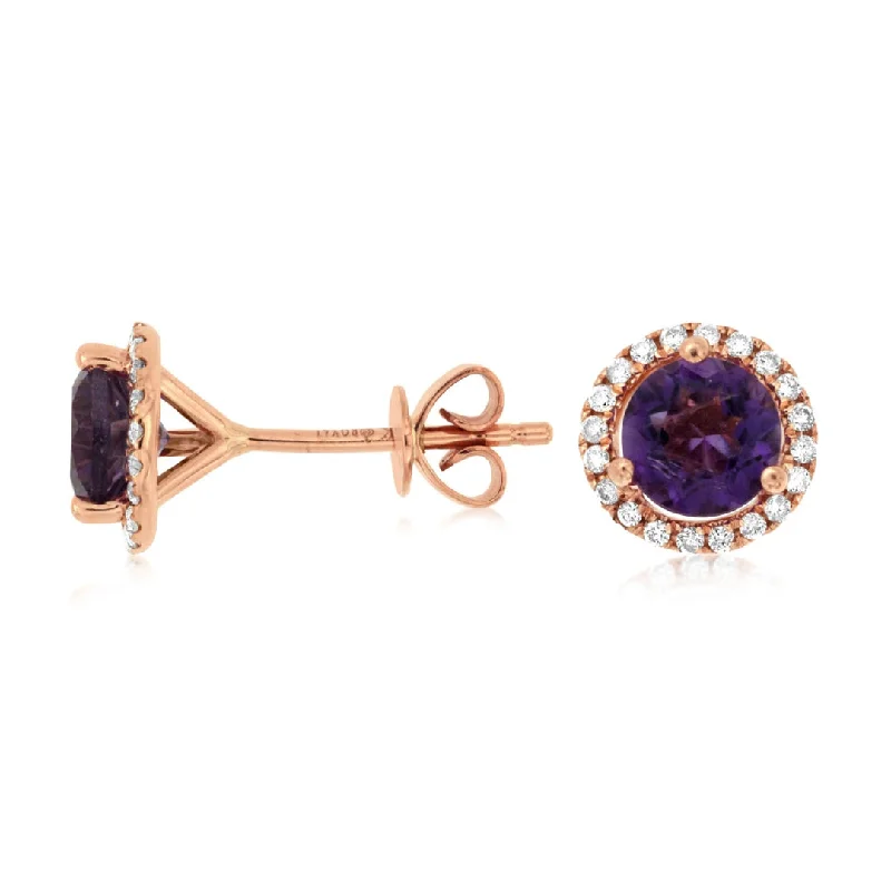 Silk fringe earrings-14K Rose Gold Amethyst & Diamond Stud Earrings