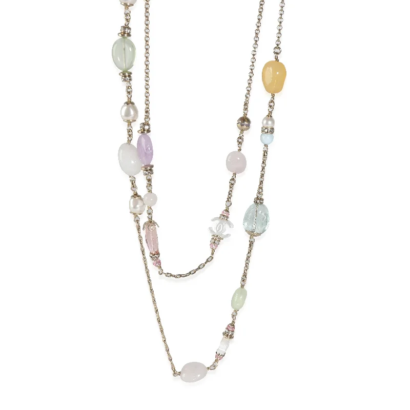 Amethyst necklaces-Chanel 2022 Long Faux Pearl, Gripoix & Strass CC Yellow Gold Plated Necklace