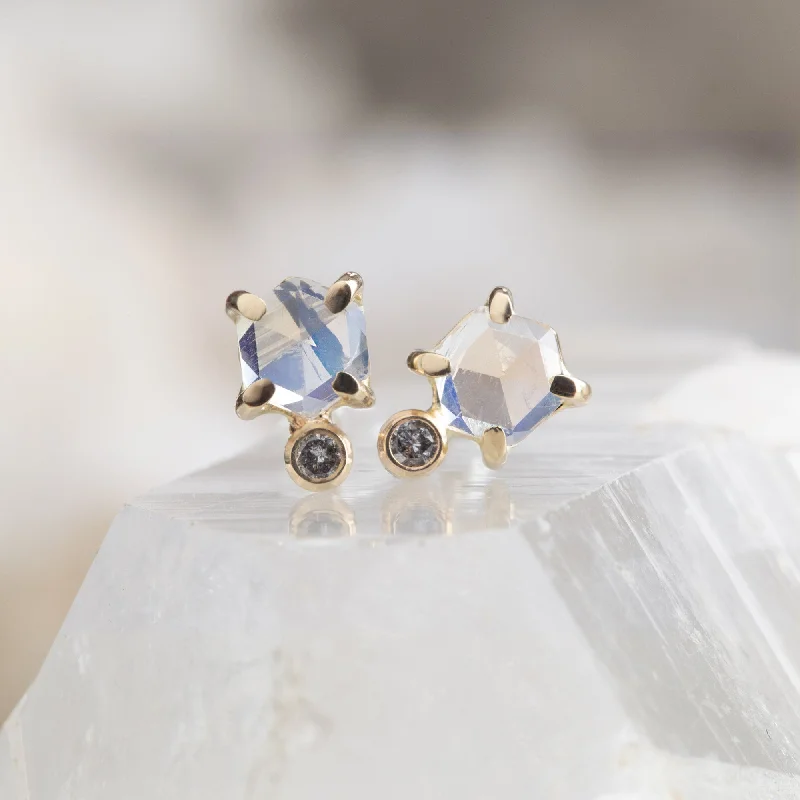 High gloss earrings-The Hexagon Moonstone + Diamond Stud Earrings | 14K Yellow Gold