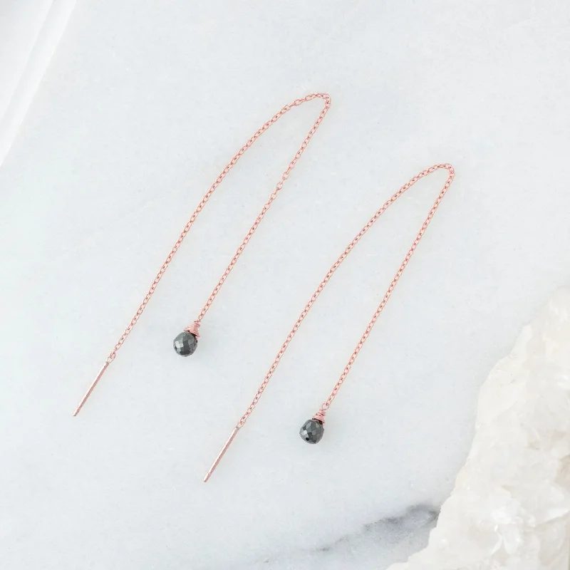 Sleek bar earrings-The Simple Black Diamond Drop Thread Earrings | Rose Gold Filled