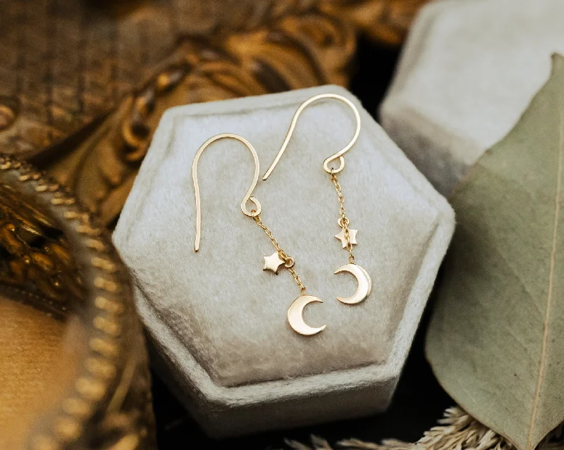 Thick hoop earrings-CRESCENT MOON & STAR DROP DANGLE EARRINGS IN 14K YELLOW GOLD