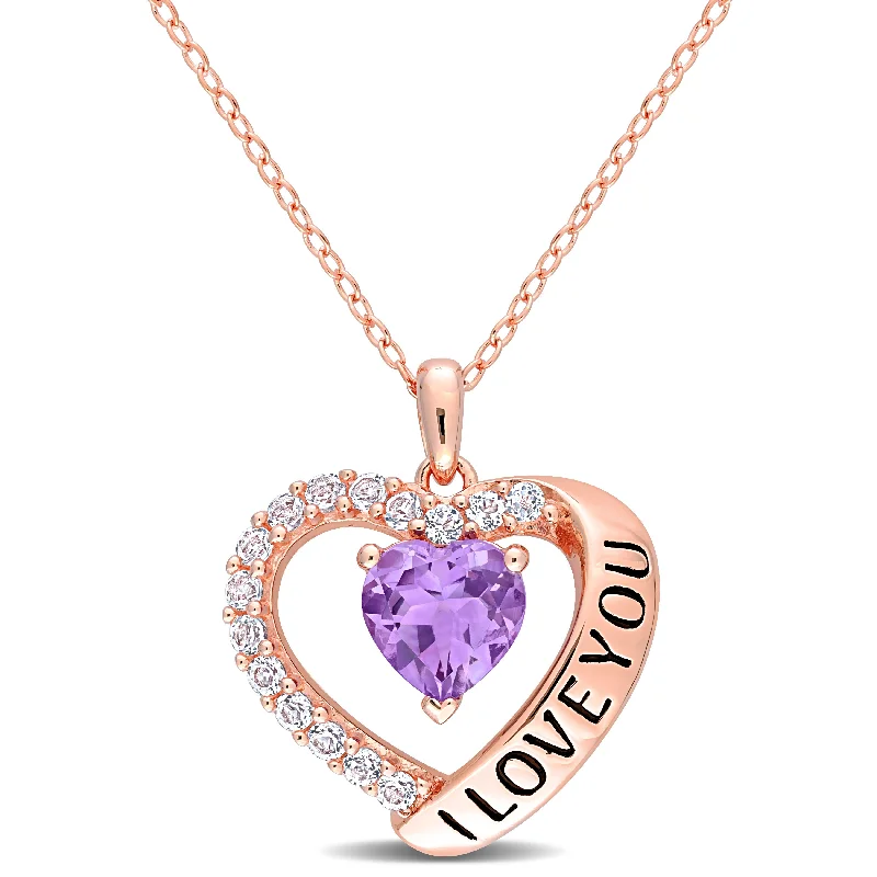 Aged coin necklaces-Mimi & Max 1 5/8 CT TGW Amethyst and White Topaz Heart 'I Love You' Pendant with Chain in Rose Plated Sterling Silver