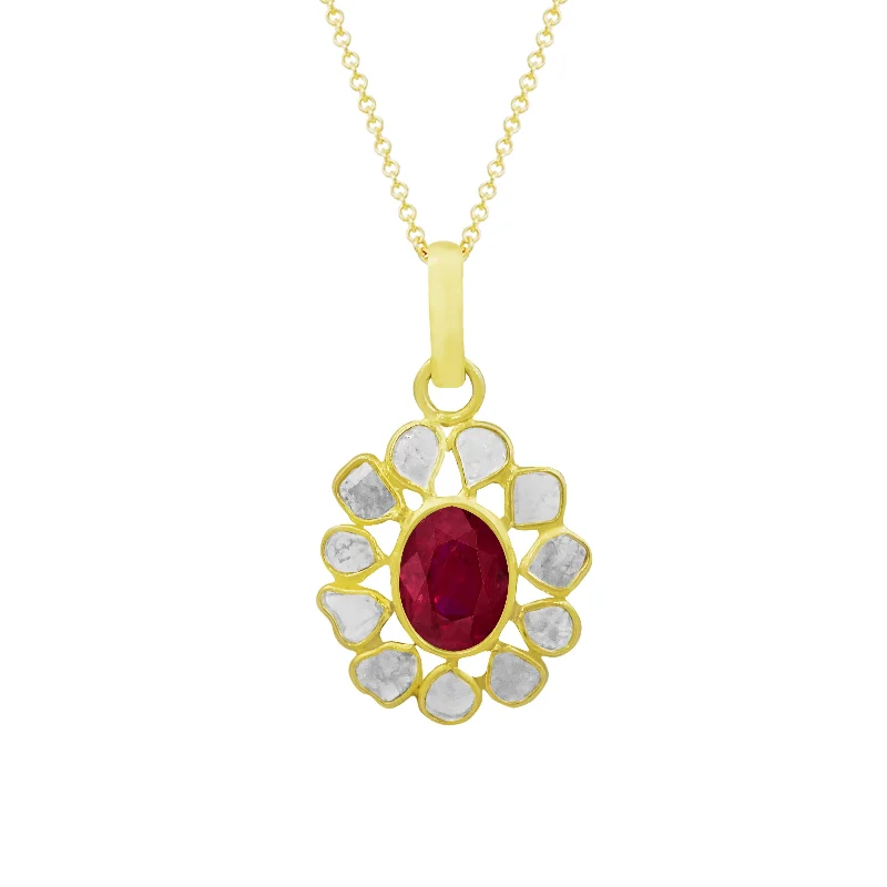 Subtle filigree necklaces-18K GOLD VEMEIL RUBY PENDANT UNCUT DIAMOND