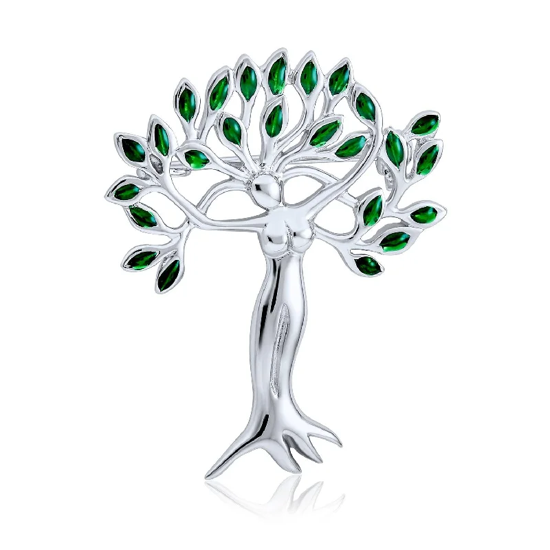 Citrine gem brooches-Native American Style Green Leaves Tree Of Life Brooche Pin in Sterling Silver