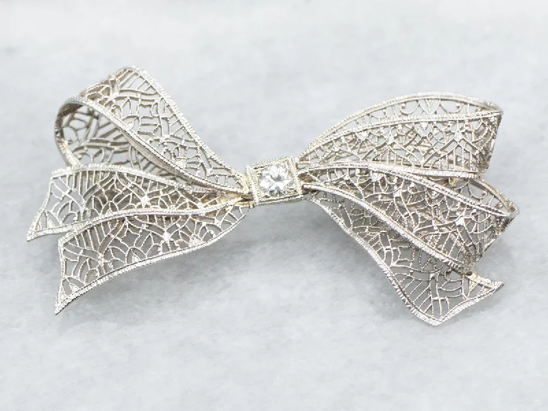 Glass bead brooches-European Cut Diamond Filigree Bow Brooch