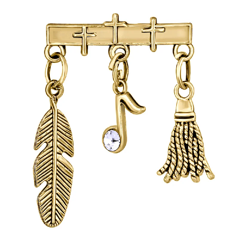 Teardrop gem brooches-Mahi Gold Plated Brooch with Hanging Feather, Musical Note and Broom for Men (BP1101060G)