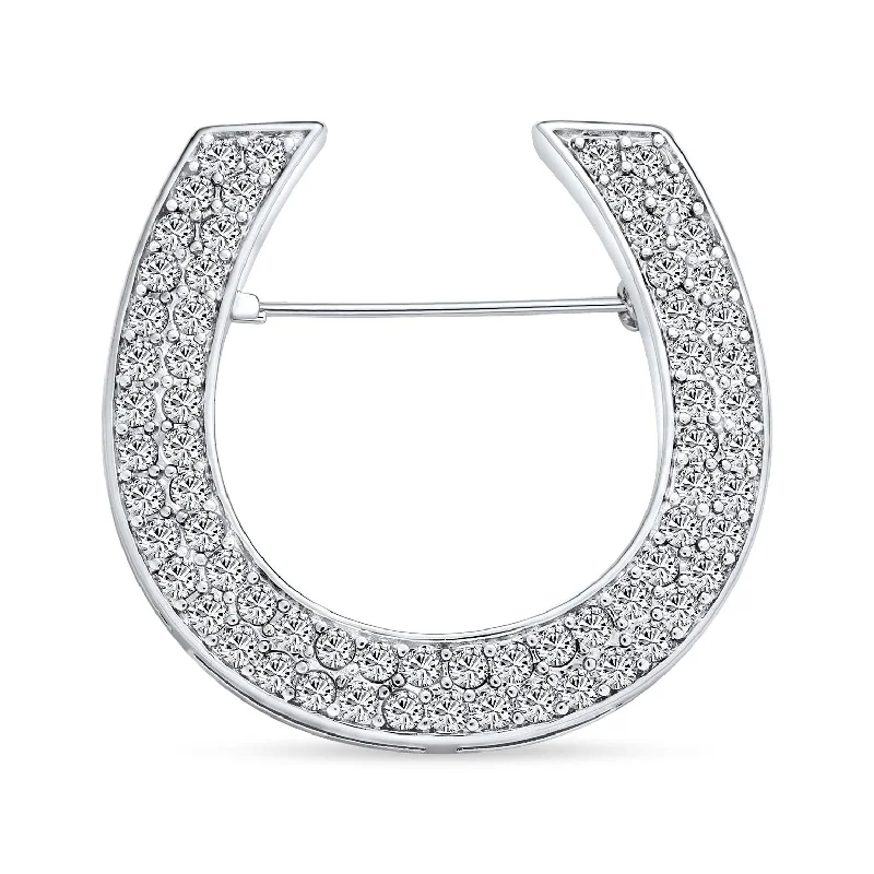 Butterfly motif brooches-Large Western Equestrian Cubic Zirconia Horseshoe Brooche Pin Silver Plated Brass