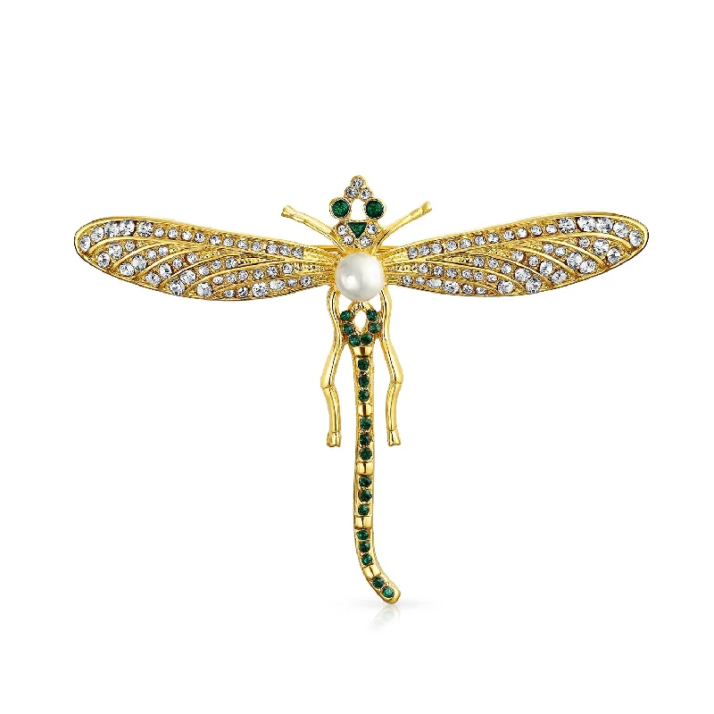 Peacock feather brooches-Estate Style Golden Simulated Emerald Dragonfly Brooche Pin 14K Gold Plated