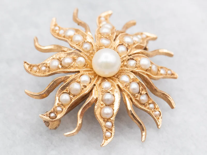 Druzy stone brooches-Victorian Era Seed Pearl Sunburst Brooch