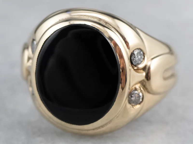 Warm wood rings-Retro Black Onyx Diamond Gold Ring