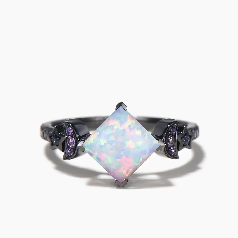 Reef knot rings-Princess Cut Opal Engagement Ring Black Gold Moon Star Amethyst Sandstone Ring