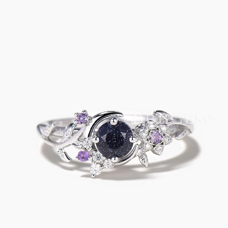 Blended metal rings-Round Galaxy Blue Sandstone Amethyst Moon Leaf Engagement Ring