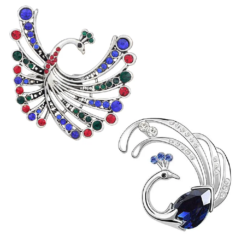 Wire-wrapped brooches-Mahi Combo of Flying Peacock Shaped Wedding Brooch / Lapel Pin with Multicolor Crystals for Women (CO1105467R)