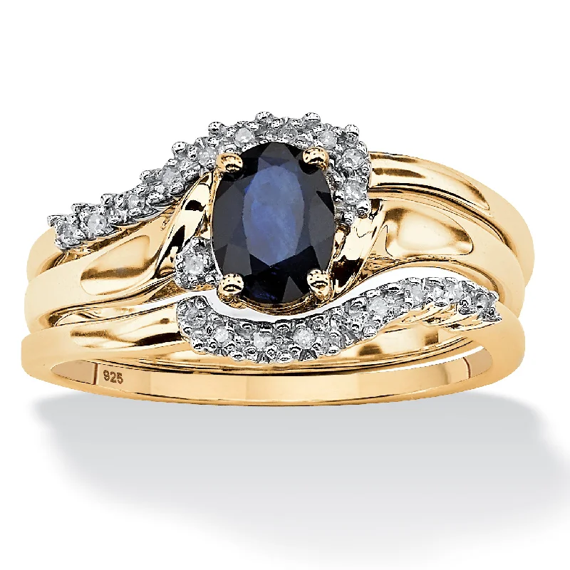 Reef knot rings-1.05 TCW 3 Piece Oval-Cut Midnight Sapphire Ring Set in 18k Gold-Plated Silver