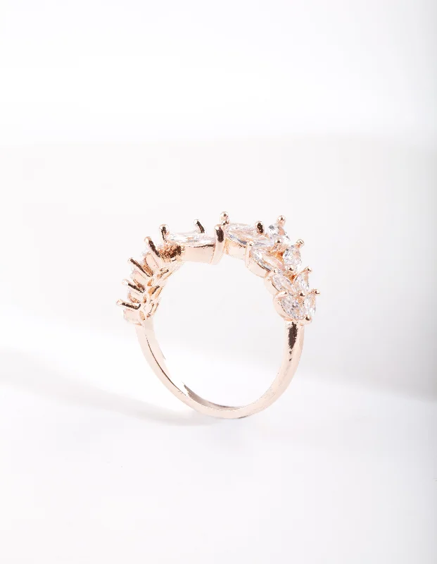 Petal carved rings-Rose Gold Cubic Zirconia Navette Wrap Ring